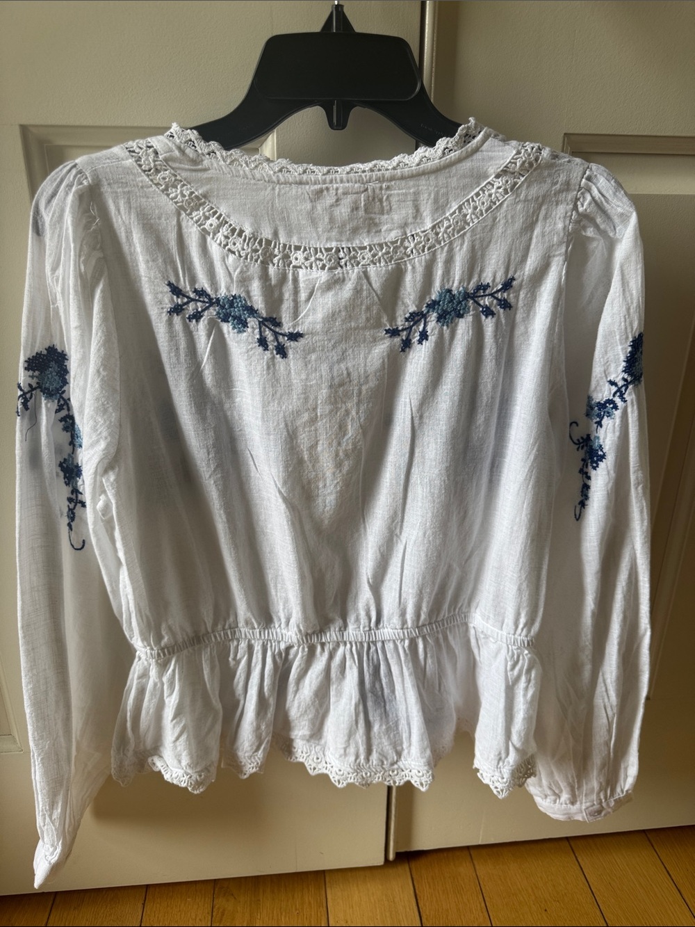 White Peasant Blouse with Blue Floral Embroidery - Picture 5 of 6